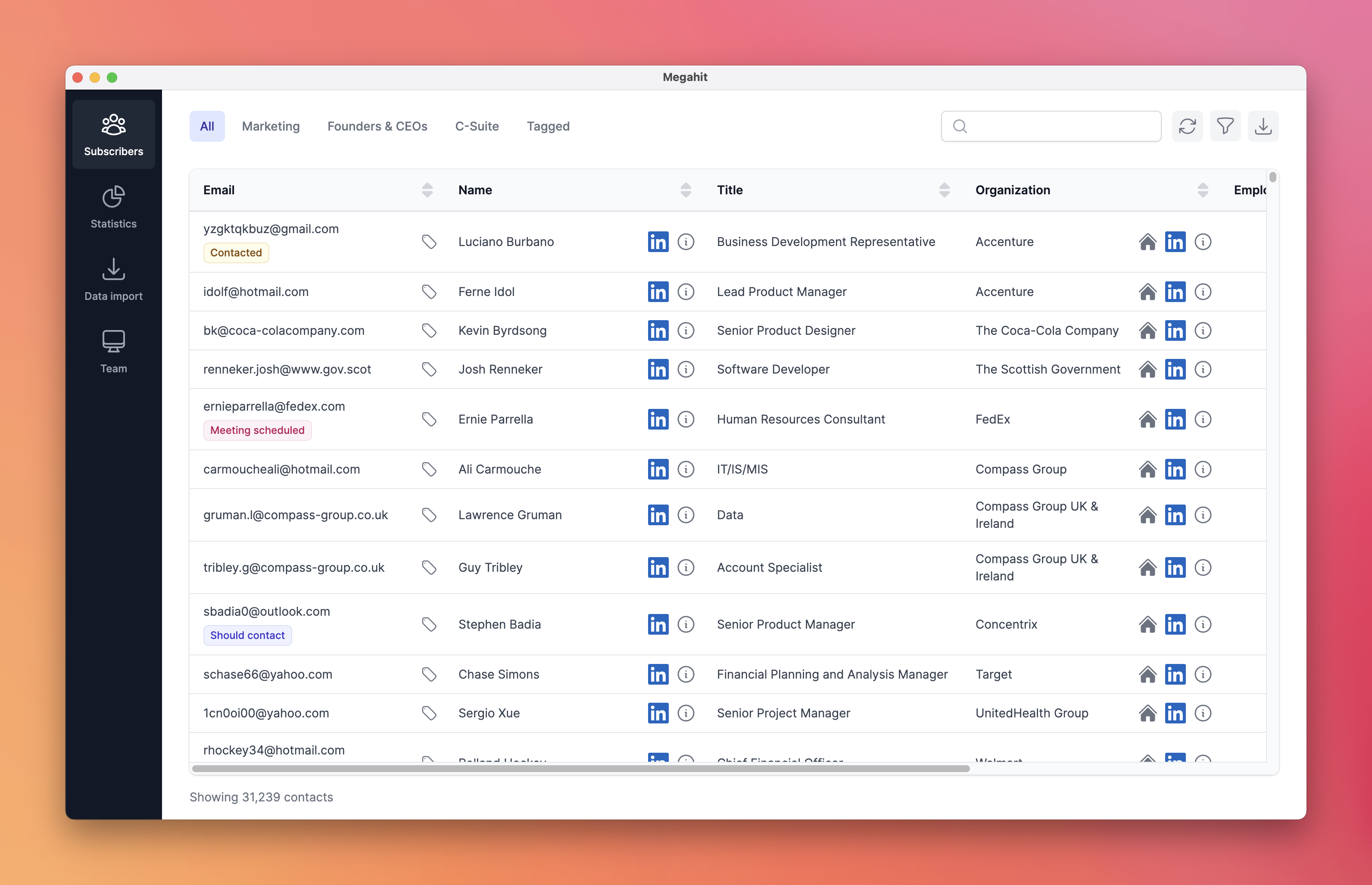 Screenshot of the subscriber list in Megahit, which you can use to invite subscribers to your events