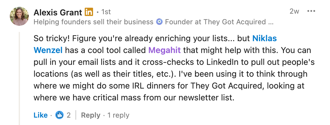 Screenshot of Alexis Grant’s LinkedIn comment where she recommends Megahit to Sam Parr