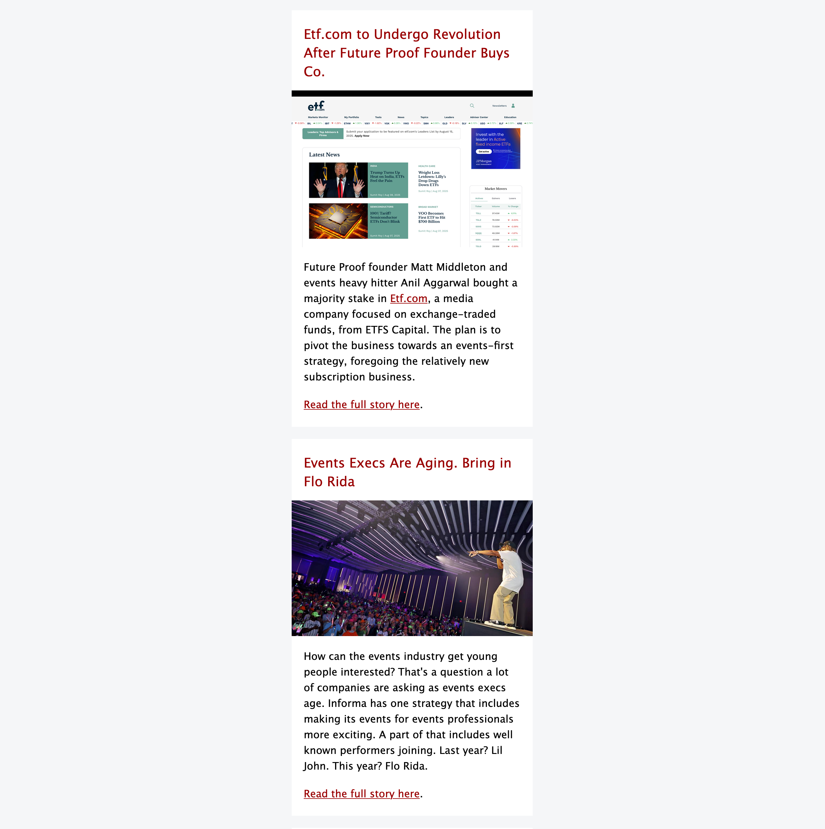 Screenshot of an article about events in the AMO newsletter from August 12, 2025